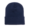 Navy Blue Cuffed Knit Custom Beanie for easy Embroidery and Laser etched leather patch by Flexfit