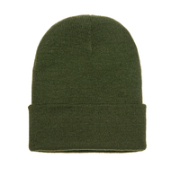 Olive Green Cuffed Knit Custom Beanie for easy Embroidery and Laser etched leather patch by Flexfit