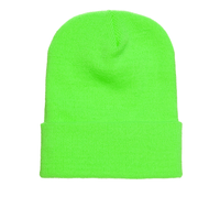 Safety Green Cuffed Knit Custom Beanie for easy Embroidery and Laser etched leather patch by Flexfit