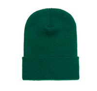 Spruce Green Cuffed Knit Custom Beanie for easy Embroidery and Laser etched leather patch by Flexfit