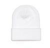 White Cuffed Knit Custom Beanie for easy Embroidery and Laser etched leather patch by Flexfit