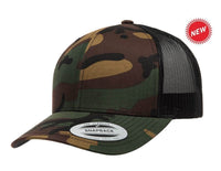 Camo Retro Trucker Hat for custom laser engraving leather patch and promotional Embroidery
