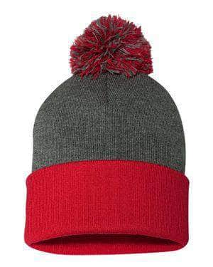 Sportsman SP15 – Knit Pom Beanie Stocking Cap | Custom Beanies with Your Logo in Bulk-Dark Heather Grey/ Red-Dekni-Creations