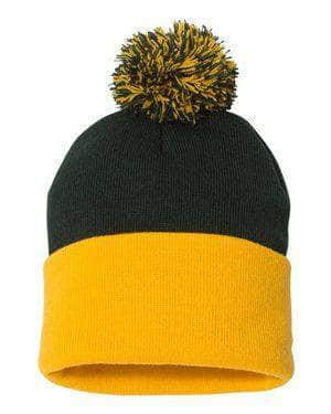 Sportsman SP15 – Knit Pom Beanie Stocking Cap | Custom Beanies with Your Logo in Bulk-Forest/Gold-Dekni-Creations