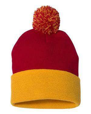 Sportsman SP15 – Knit Pom Beanie Stocking Cap | Custom Beanies with Your Logo in Bulk-Red/Gold-Dekni-Creations