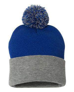 Sportsman SP15 – Knit Pom Beanie Stocking Cap | Custom Beanies with Your Logo in Bulk-Royal/ Heather Grey-Dekni-Creations