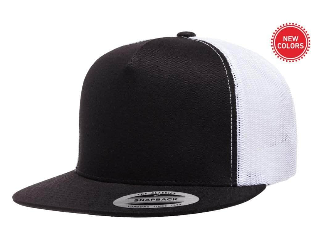 Yupoong 6006(T) – High Profile Flat Bill Trucker Hat | Custom Hats with Your Logo in Bulk-Black/White-Dekni-Creations