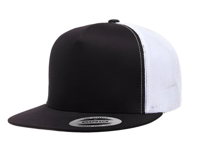 Yupoong 6006(T) – High Profile Flat Bill Trucker Hat | Custom Hats with Your Logo in Bulk-Black/White-Dekni-Creations