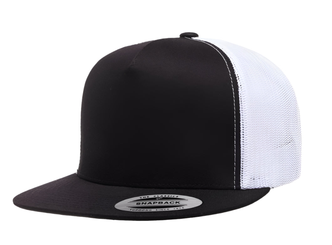 Yupoong 6006(T) – High Profile Flat Bill Trucker Hat | Custom Hats with Your Logo in Bulk-Black/White-Dekni-Creations