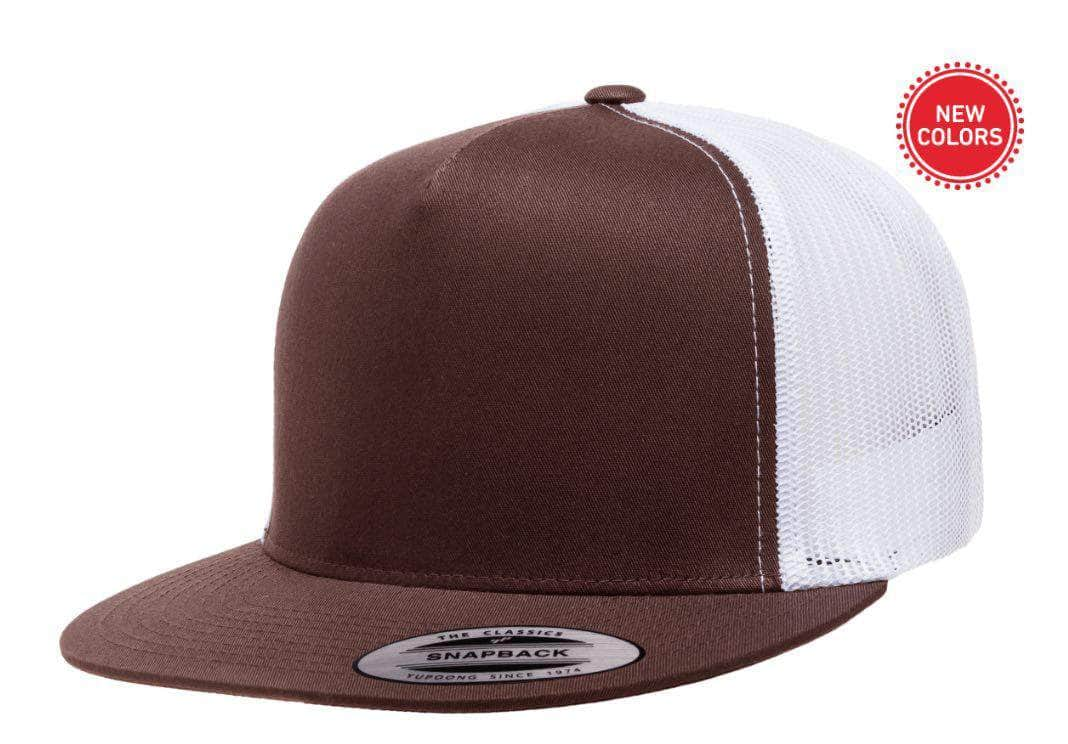 Yupoong 6006(T) – High Profile Flat Bill Trucker Hat | Custom Hats with Your Logo in Bulk-Brown/White-Dekni-Creations