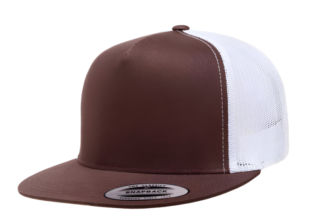 Yupoong 6006(T) – High Profile Flat Bill Trucker Hat | Custom Hats with Your Logo in Bulk-Brown/White-Dekni-Creations