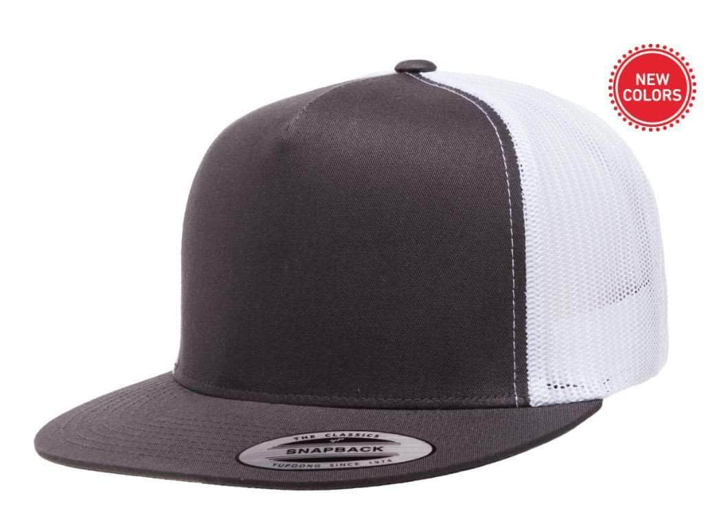 Yupoong 6006(T) – High Profile Flat Bill Trucker Hat | Custom Hats with Your Logo in Bulk-Charcoal/White-Dekni-Creations