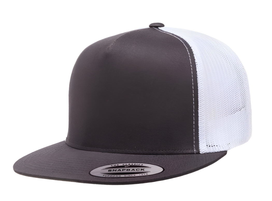 Yupoong 6006(T) – High Profile Flat Bill Trucker Hat | Custom Hats with Your Logo in Bulk-Charcoal/White-Dekni-Creations