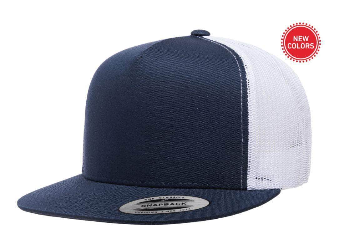 Yupoong 6006(T) – High Profile Flat Bill Trucker Hat | Custom Hats with Your Logo in Bulk-Navy/White-Dekni-Creations