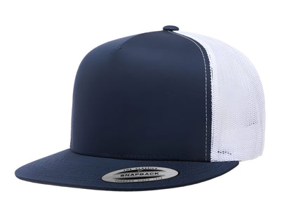 Yupoong 6006(T) – High Profile Flat Bill Trucker Hat | Custom Hats with Your Logo in Bulk-Navy/White-Dekni-Creations