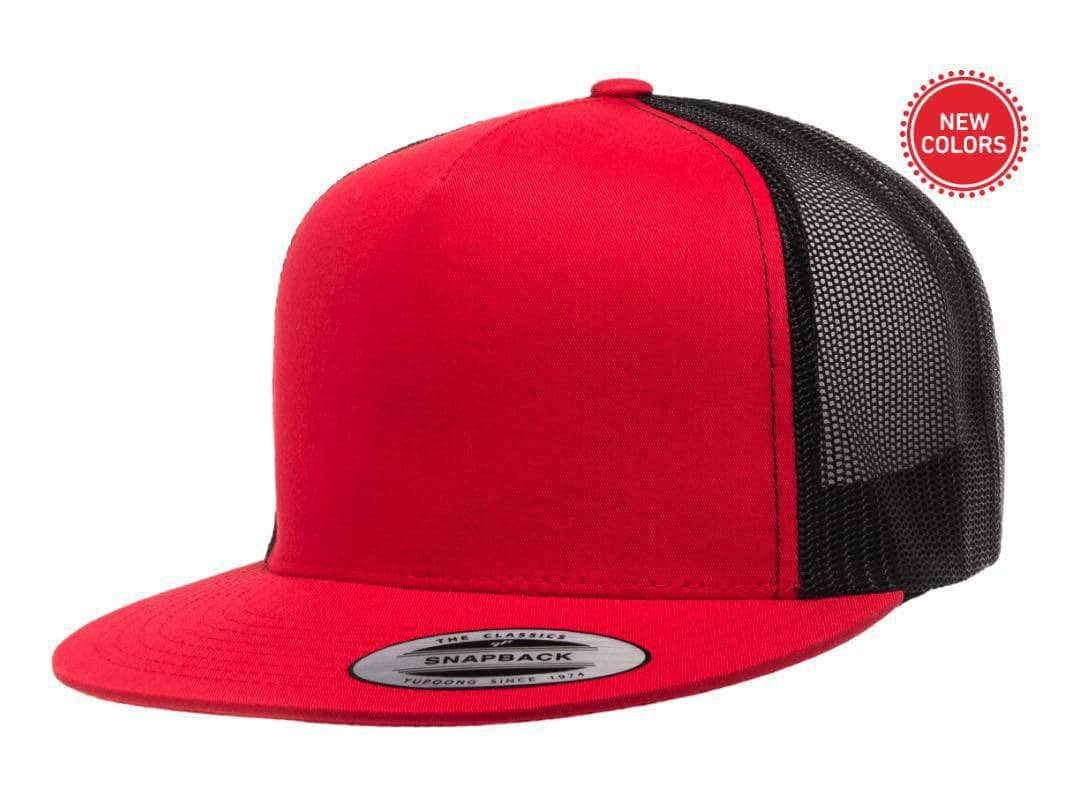 Yupoong 6006(T) – High Profile Flat Bill Trucker Hat | Custom Hats with Your Logo in Bulk-Red/Black-Dekni-Creations