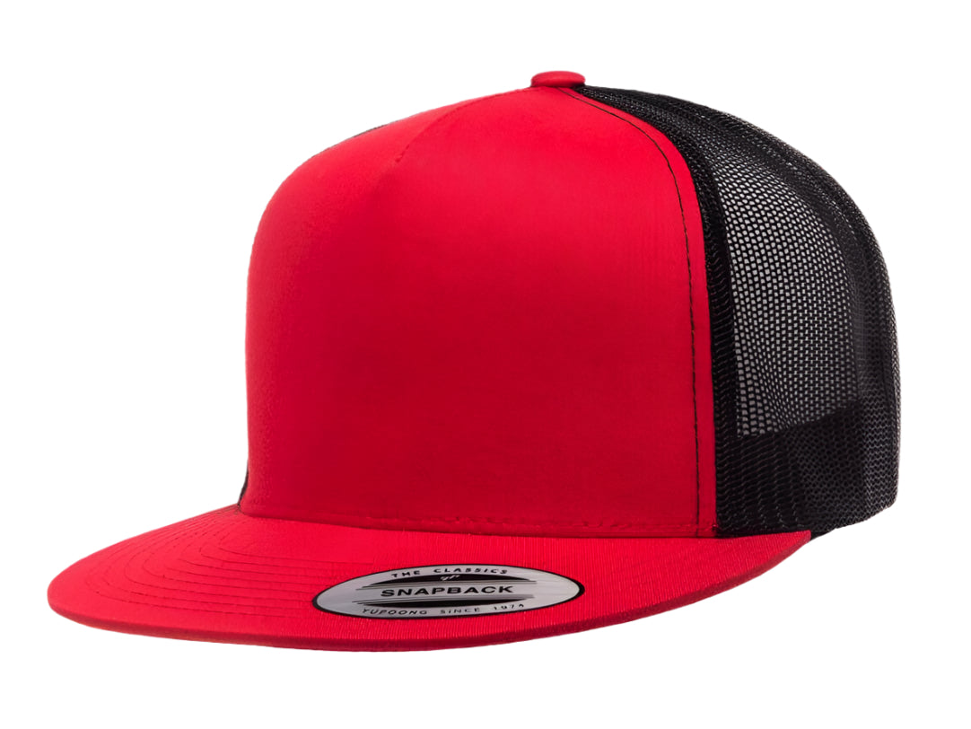 Yupoong 6006(T) – High Profile Flat Bill Trucker Hat | Custom Hats with Your Logo in Bulk-Red/Black-Dekni-Creations