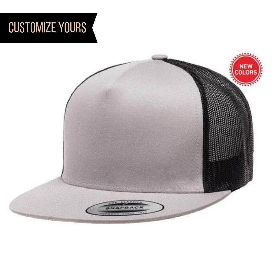 Yupoong 6006(T) – High Profile Flat Bill Trucker Hat | Custom Hats with Your Logo in Bulk-Silver/Black-Dekni-Creations