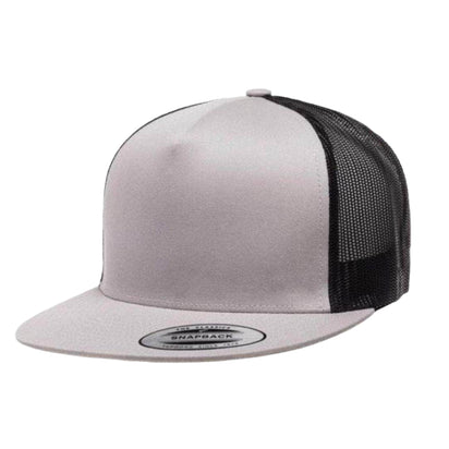 Yupoong 6006(T) – High Profile Flat Bill Trucker Hat | Custom Hats with Your Logo in Bulk-Silver/Black-Dekni-Creations