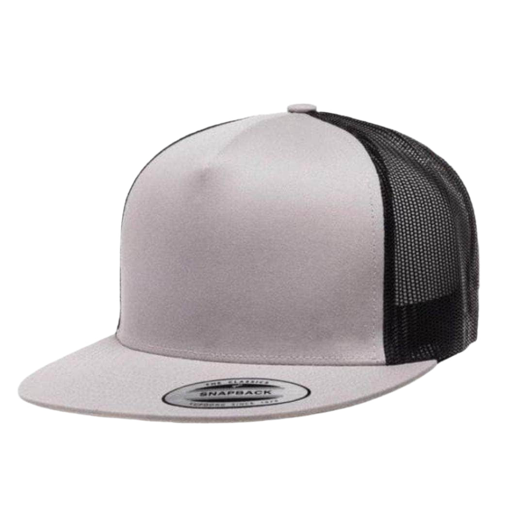 Yupoong 6006(T) – High Profile Flat Bill Trucker Hat | Custom Hats with Your Logo in Bulk-Silver/Black-Dekni-Creations