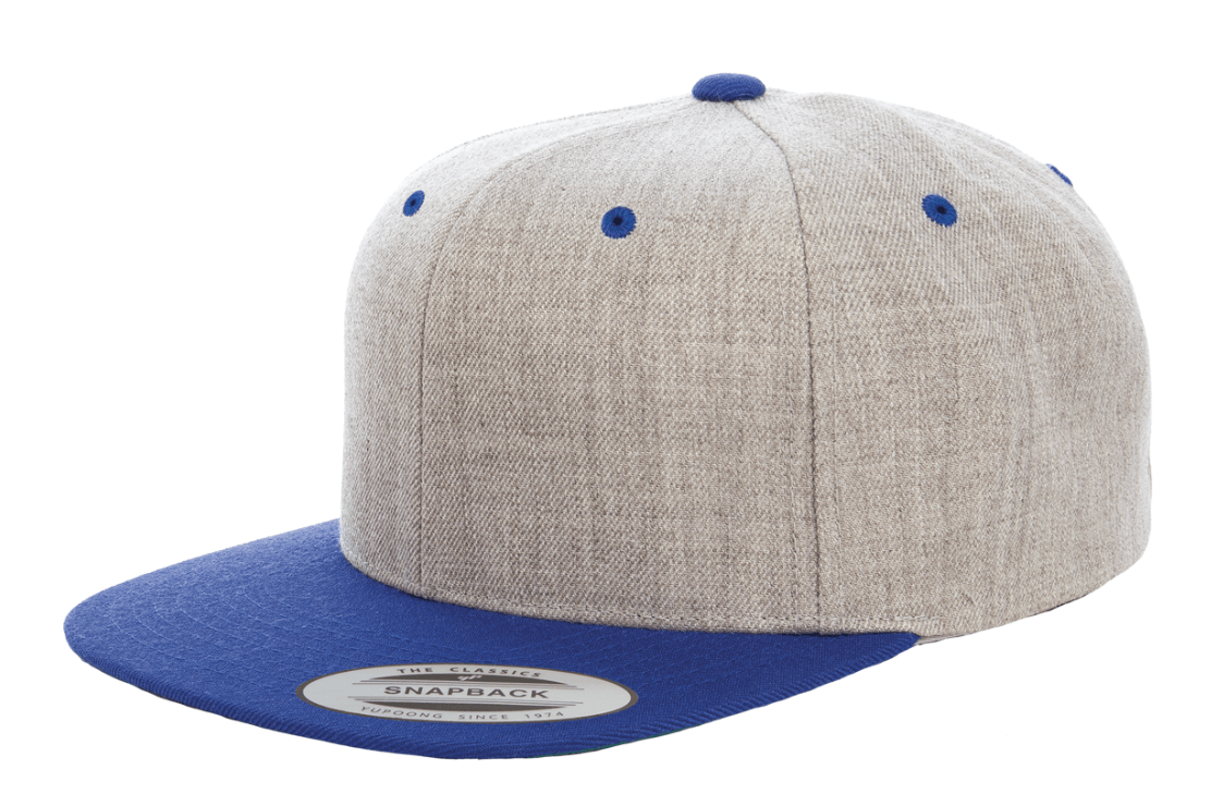 Yupoong 6089M(T) – High-Profile Wool Flat Bill Hat | Custom Hats with Your Logo in Bulk-Heather/Royal-Dekni-Creations