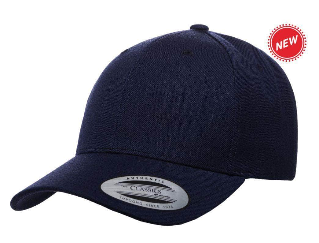 Yupoong 6789M – Pre-Curved Wool Blend Snapback Hat | Custom Hats with Your Logo in Bulk-Navy-Dekni-Creations