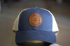 custom organic recycled trucker hats with leather patch logo