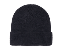 Black Ribbed Cuffed Knit Beanie for custom Embroidery and Laser etched leather patch by flexfit