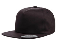 Black Unstructured 5-Panel Snapback Custom Cap for laser engraving leather patch and Embroidery
