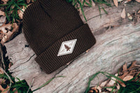 brown beanie with personalized Laser engraved leather patch by dekni creations