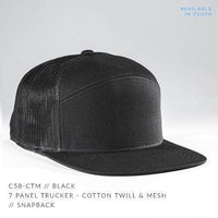 Black 7 Panel Twill Trucker CUSTOM Snapback cap for Embroidery & laser engraving leather patch