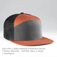 Orange Grey 7 Panel Twill Trucker CUSTOM Snapback cap for Embroidery & engraving leather patch
