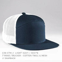 C58-CTM - 7 PANEL TRUCKER - COTTON TWILL & MESH SNAPBACK FLAT BILL HAT (Bulk Custom with Your Logo)