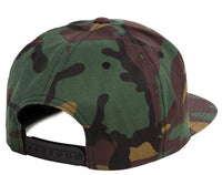 Back Custom Camo Snapback hat for promotional Embroidery and Laser engraved leather patch