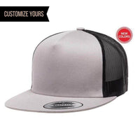Silver Black Trucker Mesh cap for custom promotional Embroidery and Laser engraved leather patch