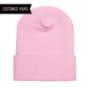 Baby Pink Cuffed Knit Custom Beanie for easy Embroidery and Laser etched leather patch by Flexfit