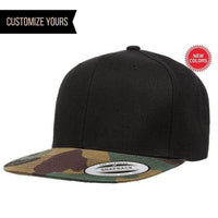 Black Snapback Camo cap for custom personalized Embroidery and Laser engraved leather patch