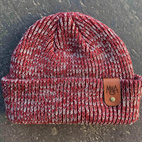 red Ribbed Marled beanie with personalized Laser engraved leather patch