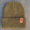 loden cuff beanie with personalized Laser engraved leather patch by dekni creations