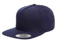 navy 5 Panel Snapback hat 2-Tone for custom Embroidery and Laser engraved leather patch by flexfit