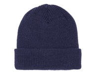 Navy Ribbed Cuffed Knit Beanie for custom Embroidery and Laser etched leather patch by flexfit