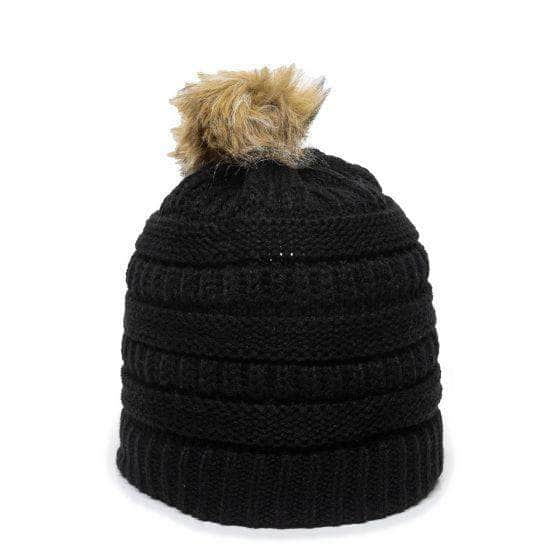 OC805 fur pom custom stocking cap with logo leather patch