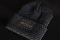 custom stocking cap with black leather patch