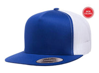 Royal White Trucker Mesh cap hat for custom promotional Embroidery and Laser engraved leather patch